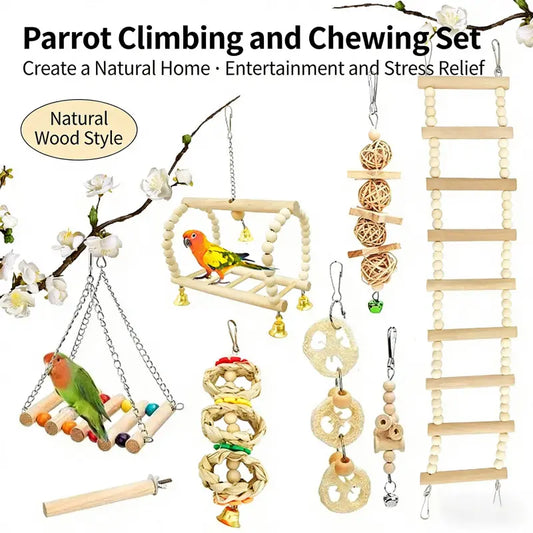 🌿 8Pcs Pet Bird & Parrot Play Set: Wooden Chew Articles, Swing, Standing Perch & Training Balls 🦜💖