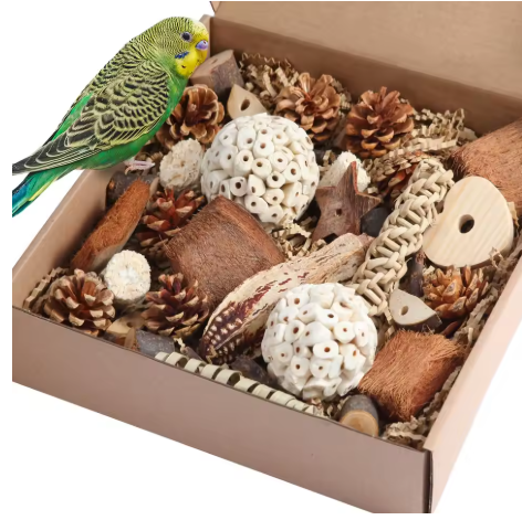 🌿 Natural Interactive Bird Toy Set 🦜Keep your Conure entertained! Crafted with natural bamboo, loofah, and rattan balls—perfect for safe chewing and shredding. ✨